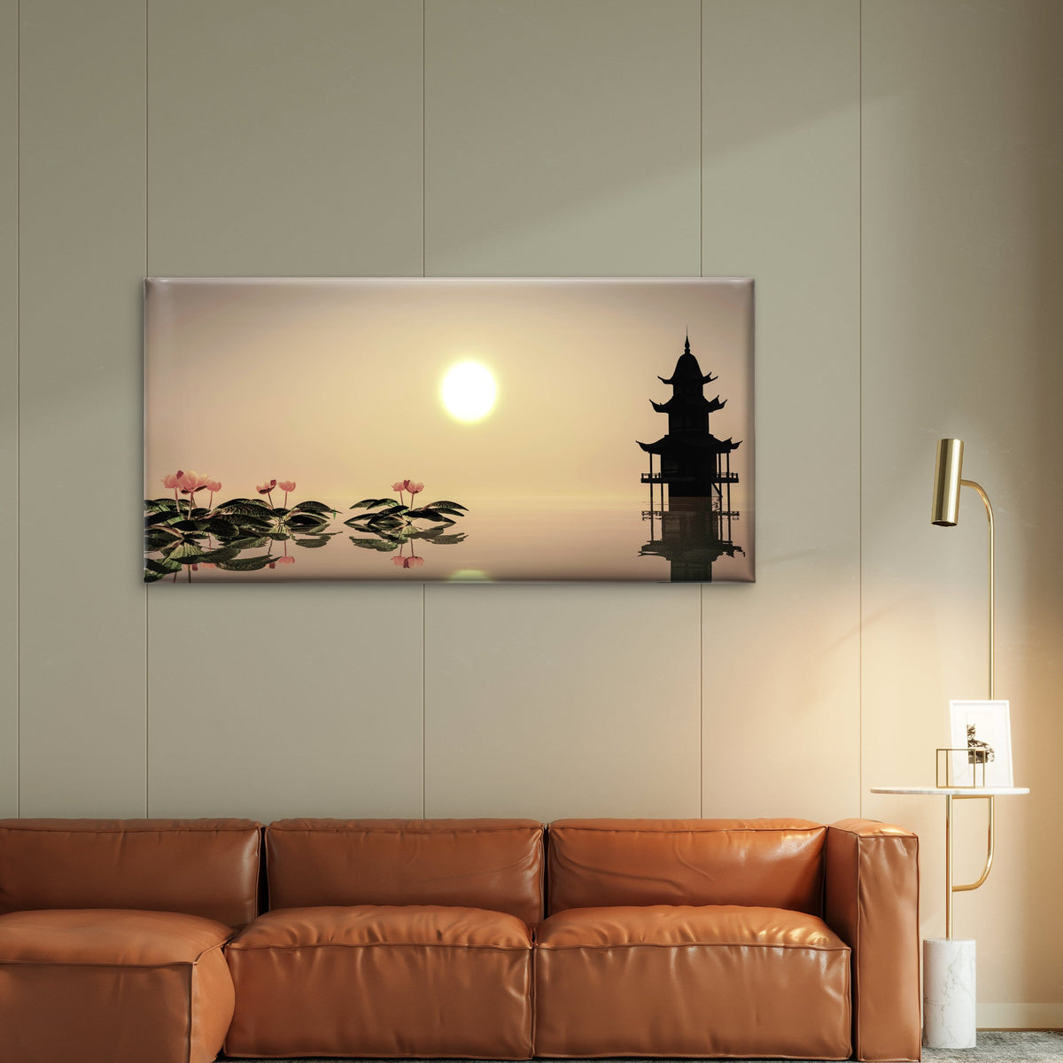 Zen Pagoda Sunset Lotus Water Wall Art Canvas Office Home Room Framed 120x60cm