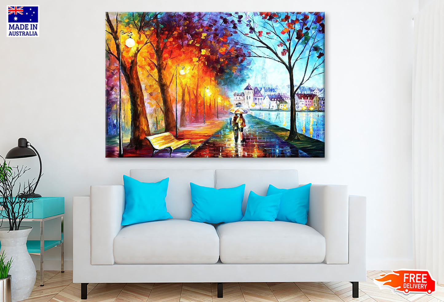 Afremov City Couple near River Trees Park Painting Wall Art Limited Edition High Quality Print