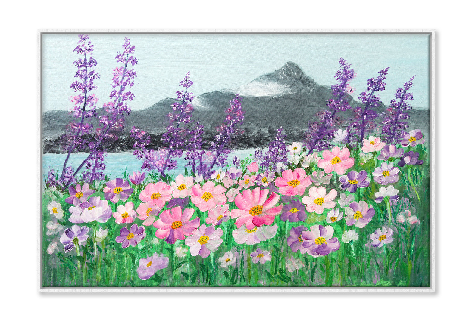 Pink & Purple Cosmos Daisies & Mountains Lake Painting Wall Art Limited Edition High Quality Print