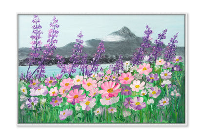 Pink & Purple Cosmos Daisies & Mountains Lake Painting Wall Art Limited Edition High Quality Print