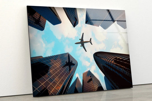 Plane Over Buildings UV Direct Aluminum Print Australian Made Quality