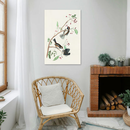 Songbirds on Red Berry Branch 60x90cm Metal Print Ready to Hang