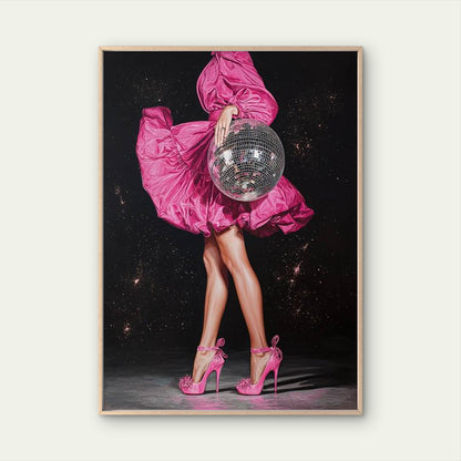 Disco Ball Woman Pink Heels & Glam Dress Dance Fashion Home Decor Premium Quality Poster Print Choose Your Sizes