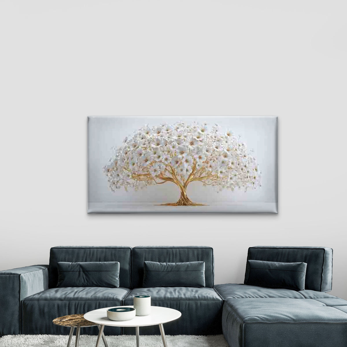 Golden Tree with White Blossoms Wall Art Canvas Office Home Room Framed 120x60cm