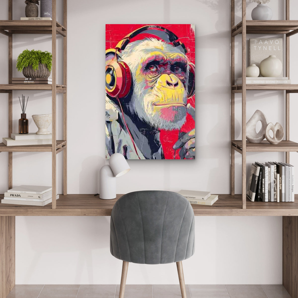 Pop Art Monkey with Headphones 40x60cm Metal Print Ready to Hang