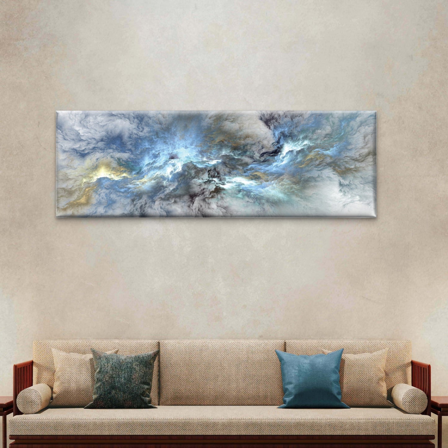Panoramic Canvas Green Blue Cloud Abstract Design High Quality 100% Australian made wall Canvas Print ready to hang
