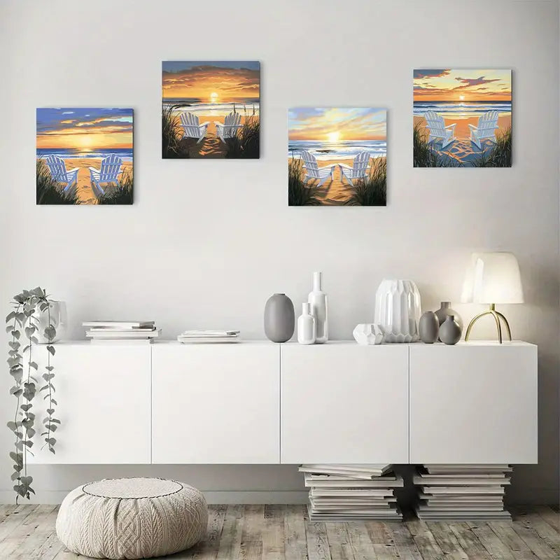 4pcs Beach Chairs Coastal Sunrise Wall Art Canvas Framed