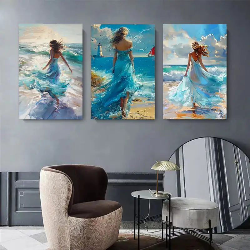 3pcs Ocean Waves & Pine Trees Painting In Turquois Metal Print Ready to Hang Art