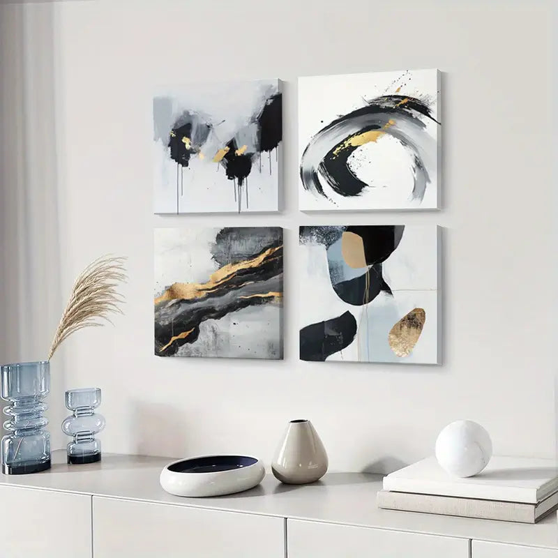 4pcs Black , Gold and White Paint   Wall Art Canvas Framed