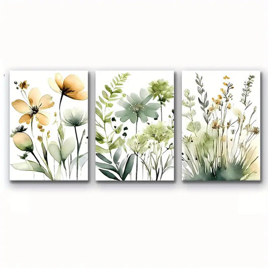 3pcs Soft Pastel Green Beige Muted Botanical Metal Print Ready to Hang Art