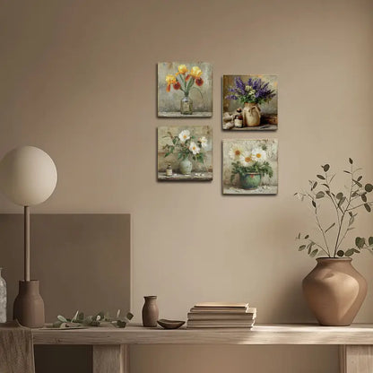 4pcs Neutral Tones,Flower Vase Purple,Yellow Wall Art Canvas Framed