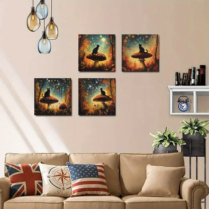 4pcs Mushroom moon Kitten Picture for Home  Wall Art Canvas Framed