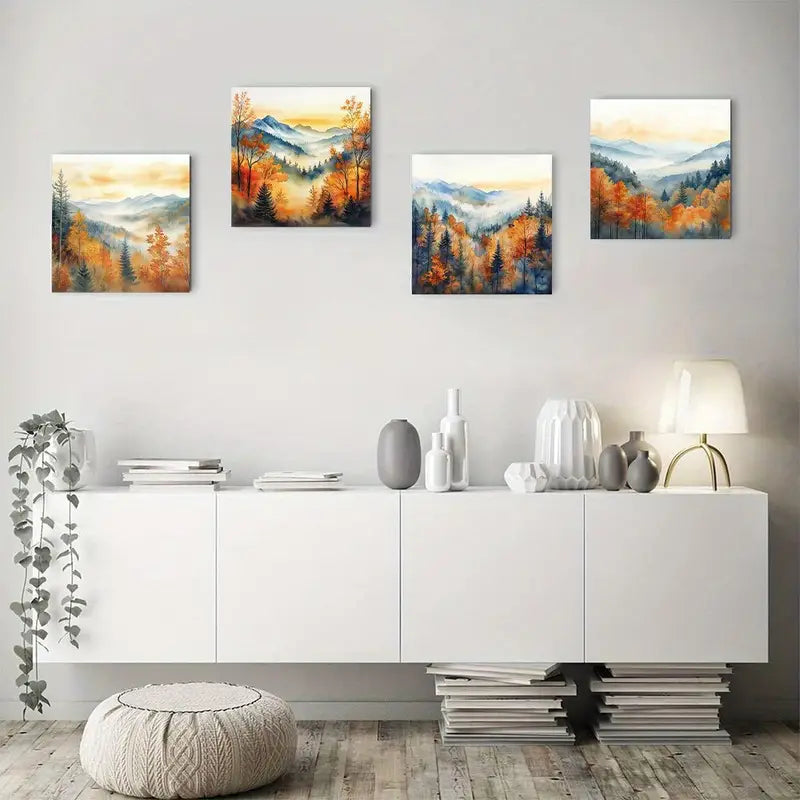 4pcs Vibrant Fall Foliage & Mountain Scenes Wall Art Canvas Framed