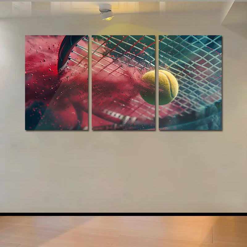 3pcs yellow tennis ball impacting a racket Wall Art Set Canvas Framed 50x70cm - High Quality Print 100% Australian Made Wall Canvas Ready to Hang