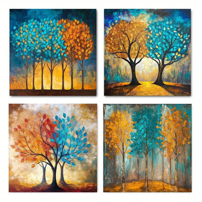 4pcs  Abstract Tree Teal Blue and Yellow Tree E    Wall Art Canvas Framed