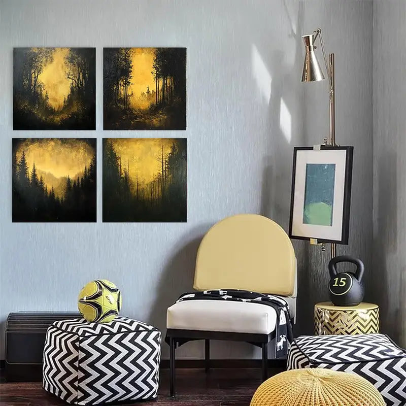 4pcs The forest at sunset for home office     Wall Art Canvas Framed