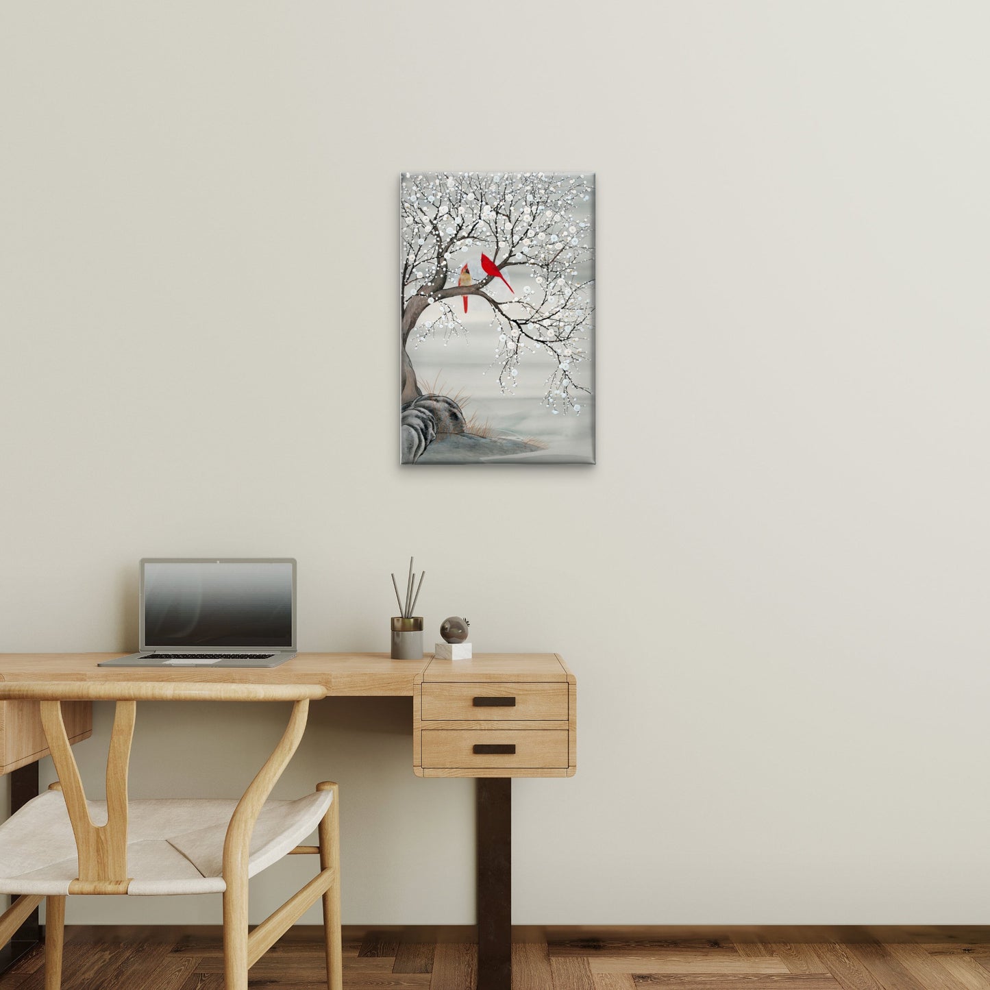 Grey White Flower Blossoming Red Bird Couple Wall Art Decor 100% Australian Made