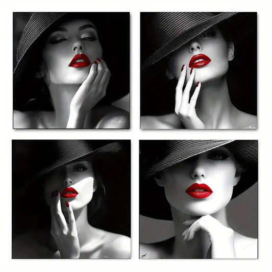 4pcs  Red Lips Woman  Fashion-Theme  Wall Art Canvas Framed