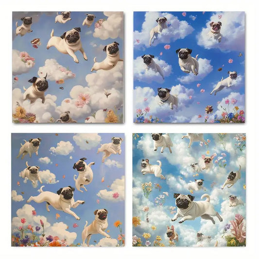 4pcs Dog Sky Flower Poster Wall Art Canvas Framed
