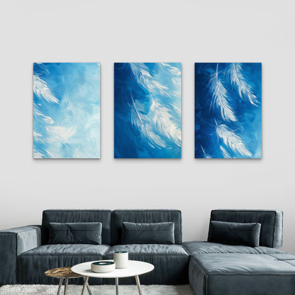 3pcs Abstract Blue Feather Drawing Style Wall Art Set Canvas Framed 50x70cm - High Quality Print 100% Australian Made Wall Canvas Ready to Hang