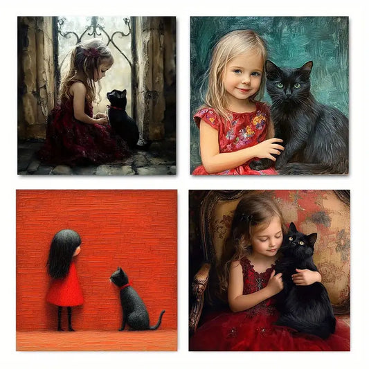 4pcs Little Girl With Black Cat  Wall Art Canvas Framed