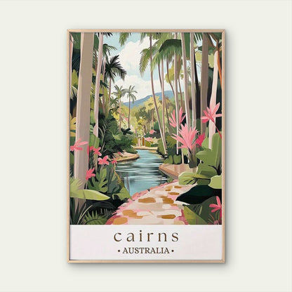 Tropical Palm Trees, Pink Flowers Cairns Australia Travel Poster Print Wall Art