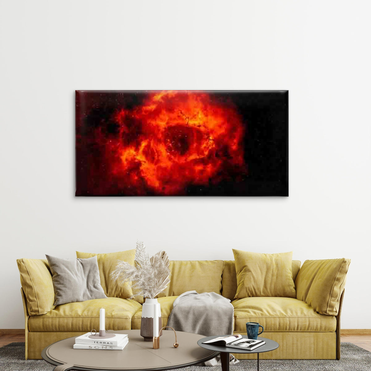 Red Nebula & Planet Rings Wall Art Canvas Office Home Room Framed 120x60cm