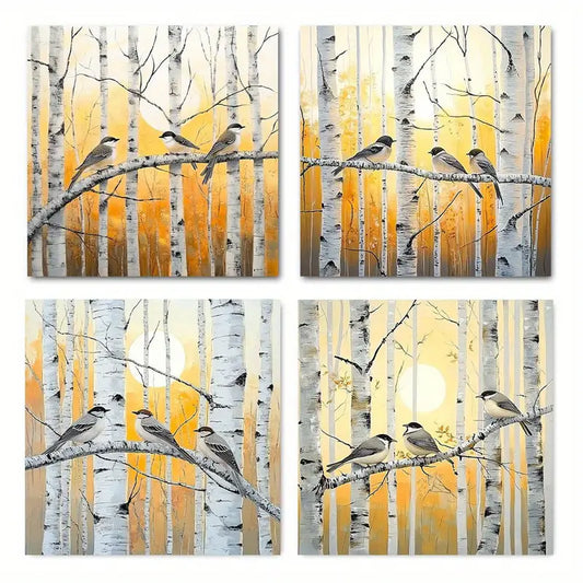 4pcs  Chickadee Birds & Birch Tree  GH    Wall Art Canvas Framed