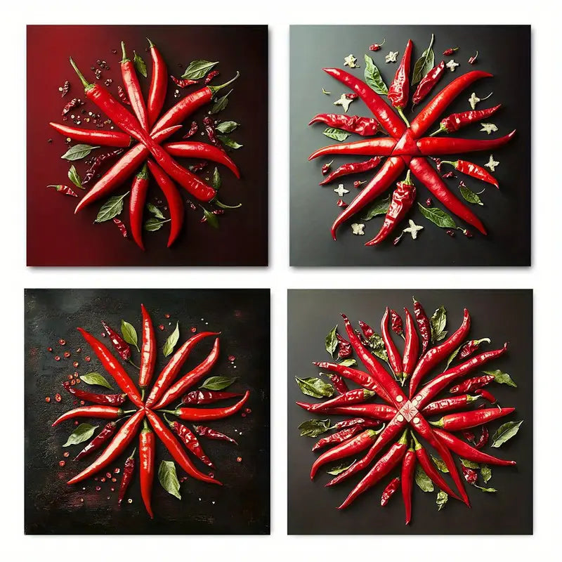 4pcs Painting Spicy Chili Peppe Wall Art Canvas Framed