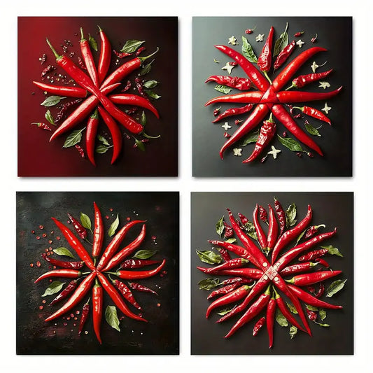 4pcs Painting Spicy Chili Peppe Wall Art Canvas Framed