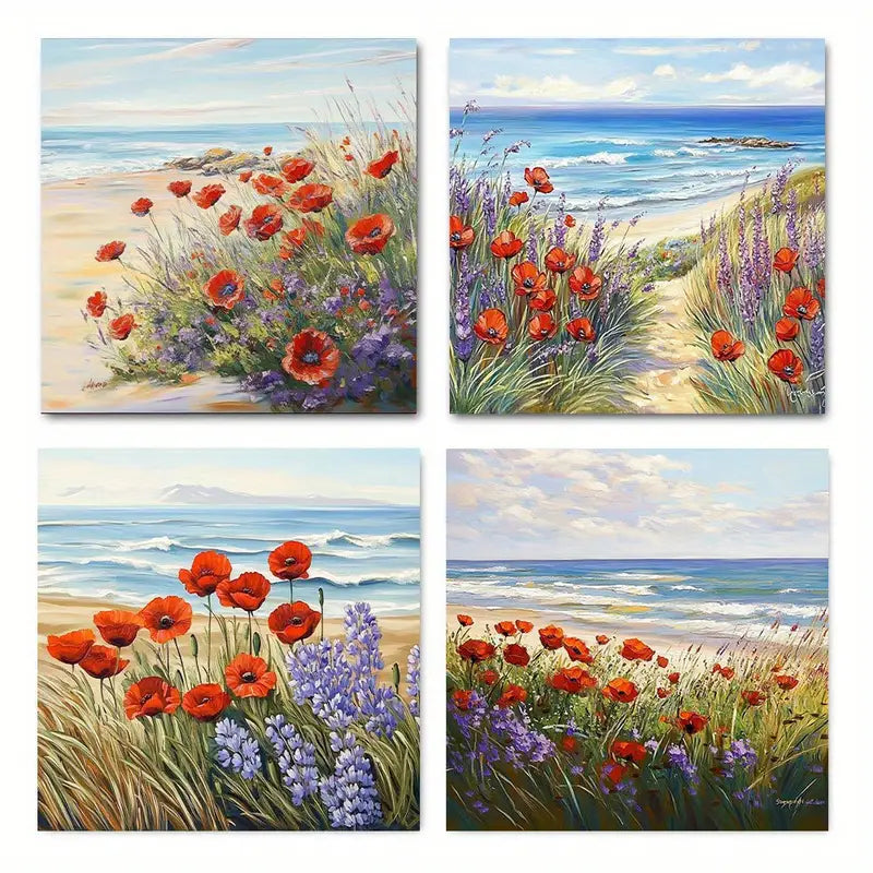 4pcs Red Flower Beautiful Sunrise SceneWall Art Canvas Framed
