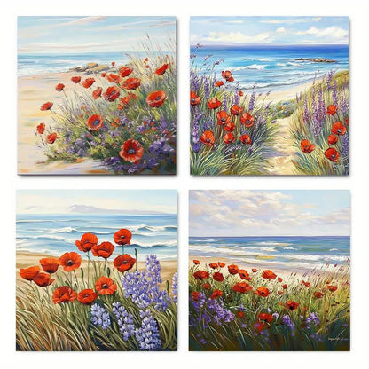 4pcs Red Flower Beautiful Sunrise SceneWall Art Canvas Framed