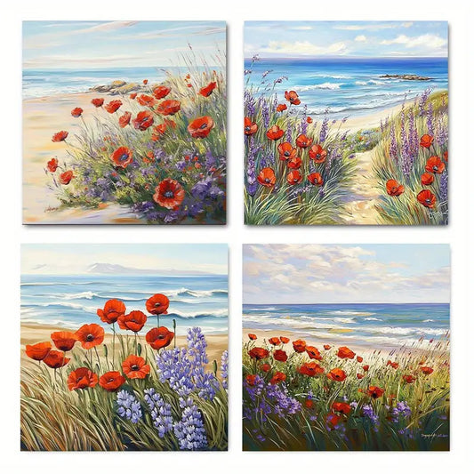 4pcs Red Flower Beautiful Sunrise SceneWall Art Canvas Framed