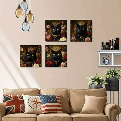 4pcs Crowned Black Cats & Roses Wall Art Canvas Framed