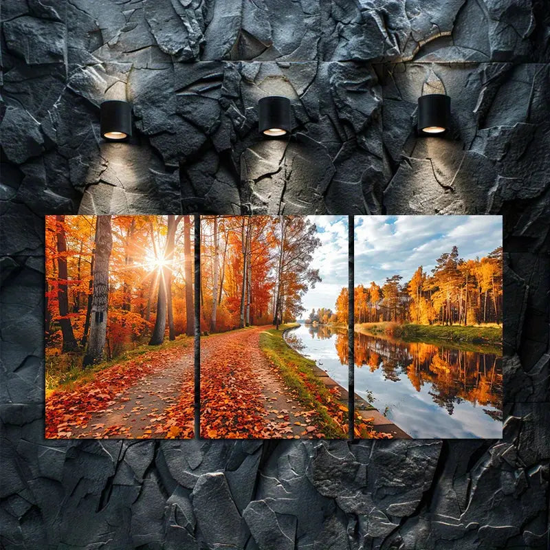 3pcs Vivid Autumn Trees And Reflective Landscapes Metal Print Ready to Hang Art