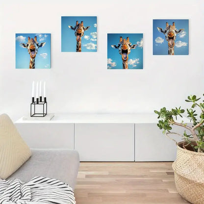 4pcs Fun Giraffe Vibrant Blue Sky & Clouds Wall Art Canvas Framed