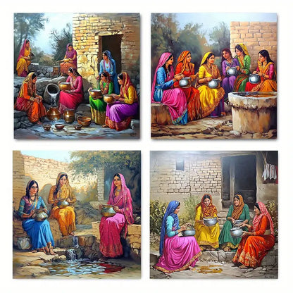 4pcs Casual Women Theme, Vibrant Cultural Scenes Wall Art Canvas Framed
