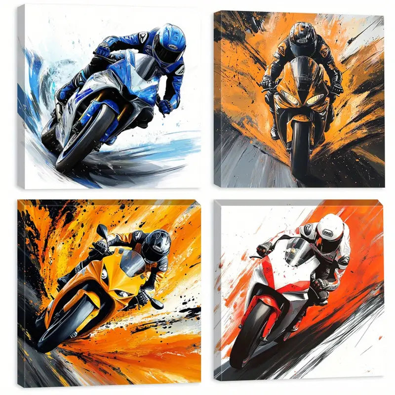 4pcs Speed   Racing Motorcycle Paintings  Wall Art Canvas Framed