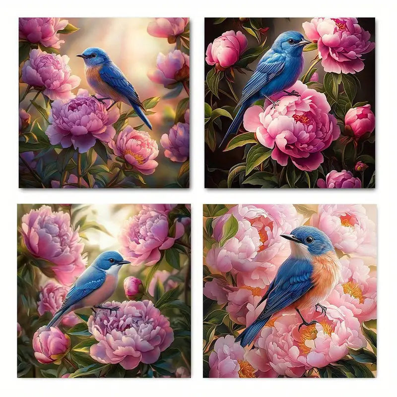 4pcs Blue Birds & Pink Peonies Floral Design Wall Art Canvas Framed
