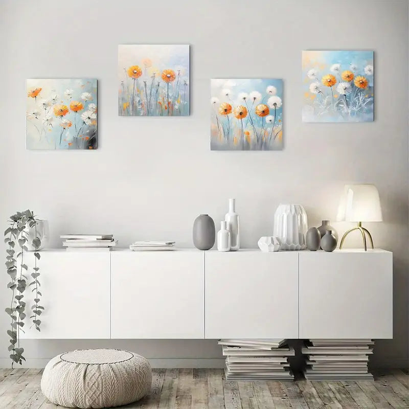 4pcs Vibrant Orange & White Flowers Wall Art Canvas Framed