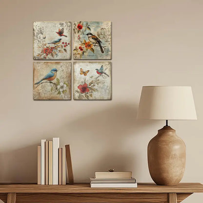 4pcs Birds And Butterflies With Flower Brunch Wall Art Canvas Framed