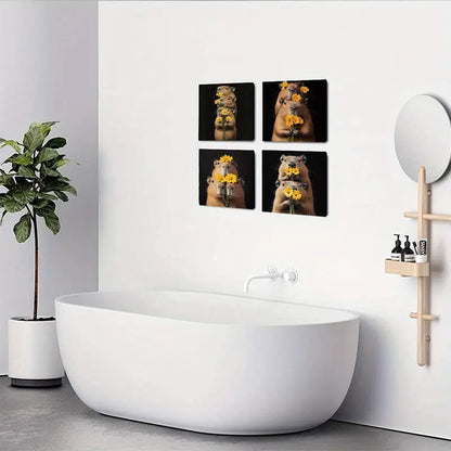 4pcs Capybara and Flowers Vintage Abstract   Wall Art Canvas Framed