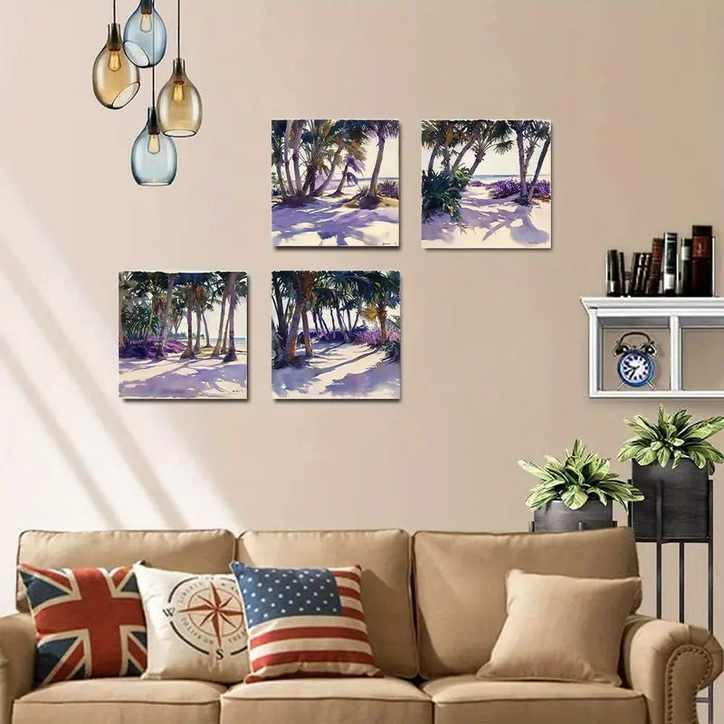 4pcs Serene Palm Tree & Sandy Shore Scenery Wall Art Canvas Framed