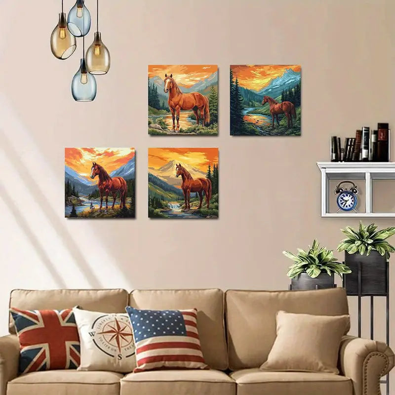 4pcs  Vibrant Horse by River Mountain  VH  Wall Art Canvas Framed