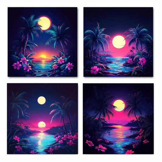 4pcs   Palm Moon Art Deco Classic yu     Wall Art Canvas Framed
