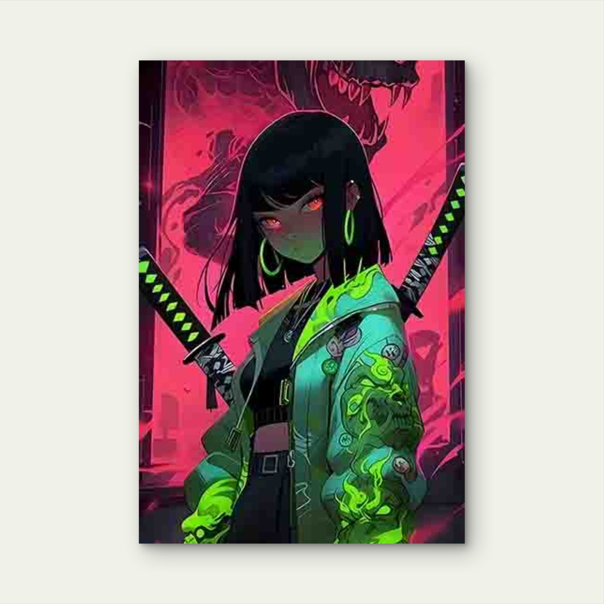 Neon-Style Cool Girl Image with a Fierce Monster 60x90cm Metal Print Ready to Hang - Bella Home Decor