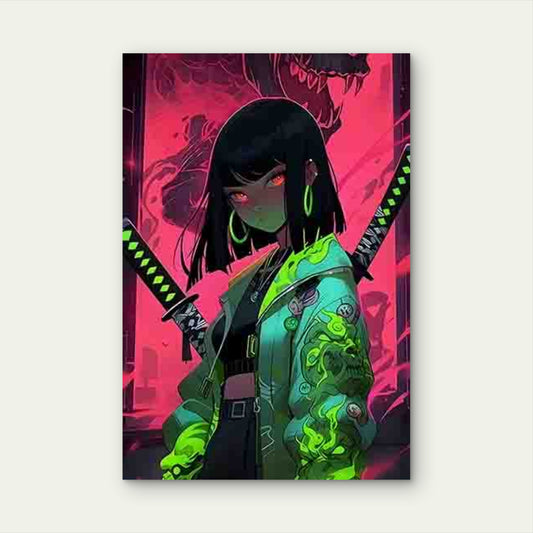 Neon-Style Cool Girl Image with a Fierce Monster 60x90cm Metal Print Ready to Hang - Bella Home Decor