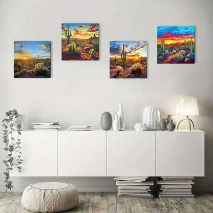 4pcs Cactus & Desert Landscape Prints, Wall Art Canvas Framed