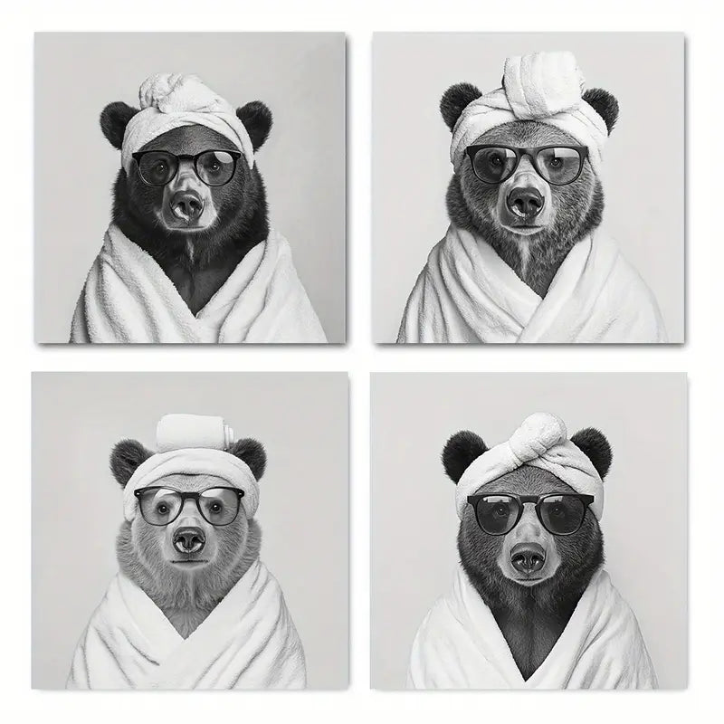 4pcs Abstract Funny Black And White Bear Picture Wall Art Canvas Framed