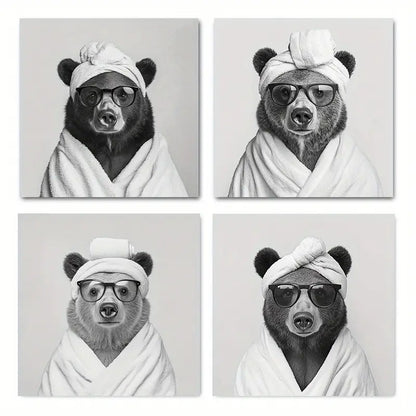 4pcs Abstract Funny Black And White Bear Picture Wall Art Canvas Framed